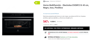 Electrolux EVE8P21X Horno Pirolítico 43L Negro/ Acero Inoxidable por 527€