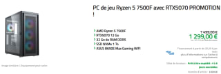 PC gamer fixe AMD Ryzen 5 7500F de 32Go DDR5 et 1To SSD à 1299€