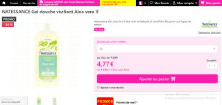 Gel douche vivifiant Aloe vera Natessance - 1 L à 4,77€