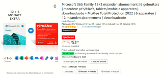 Microsoft 365 Family (15m) + McAfee abonnement (12m) voor 6 personen voor €53,99