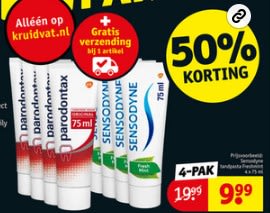 50% korting op 4-pack Paradontax en Sensodyne tandpasta bij Kruidvat