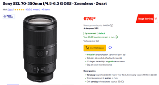 Sony SEL 70-350mm f/4.5-6.3 G OSS zoomlens voor €676,49 bij Bol