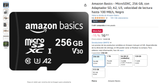 Amazon Basics Tarjeta MicroSDXC, 256 GB por 16,40€ y 1TB por 75,42€