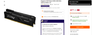 Kingston FURY Beast DDR4 3200 MHz 32GB 2x16GB CL16 por 49,99€