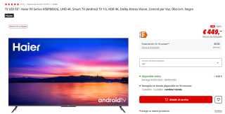 Smart v TV LED 58" marca Haier P8 modelo Series H58P800UG por 449€