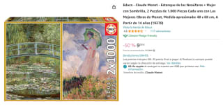 Educa - 2 puzzles de 1000 piezas de Claude Monet - Estanque de los Nenúfares + Mujer con Sombrilla por 9€