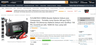 Booster batterie de Voiture Flylinktech 5000A - Avec compresseur, 12V avec Gonfleur 150 PSI à 149,99€