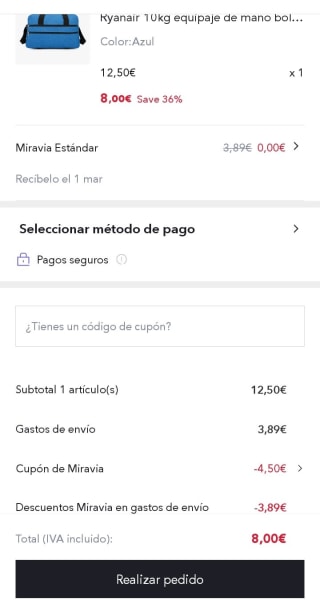 Bolsa de cabina 40×20×25cm por 8€.