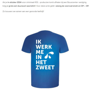 Gratis sportshirt bij afhalen van minimaal €50 aan producten bij Bouwcenter