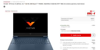 Portátil HP Victus 16-s0016ns, 16.1" Full HD por 899€