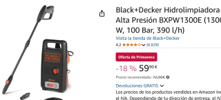 Black+Decker Hidrolimpiadora de Alta Presión BXPW1300E (1300 W, 100 Bar, 390 l/h)