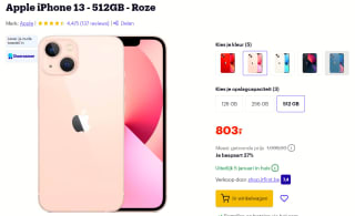 Apple iPhone 13, 512GB opslag Roze voor €803 bij Bol.com