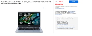 Ordenador Portátil Acer ChromeBook CB314-1H-C07W, Celeron N4020, 8GB, 64GB eMMC, FHD 14" - 35,56 cm, Chrome OS - Plata por 299€