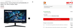 Monitor gaming Samsung Odyssey G5 LS27CG552EUXEN, 27", 1 ms, 165 Hz por 187,60€ (newsletter por 177,60€)