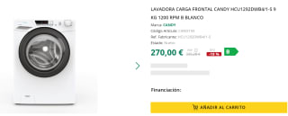 Lavadora Libre Instalación - Candy HCU1292DWB4/1-S, 9 kg, 1200 RPM, NFC por 270€