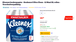 12 rollen Kleenex Keukenpapier Ultra Clean Maxi XL voor €16,49 bij Bol.com