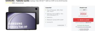 SAMSUNG - Tablette tactile Galaxy Tab A9 8.7" 128 Go Wifi Gris Anthracite à 213€