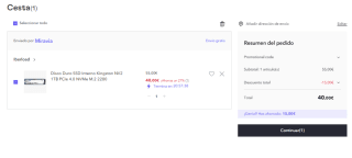 Disco Duro interno SSD Kingston NV2 1TB PCIe 4.0 NVMe M.2 2280 por 40€