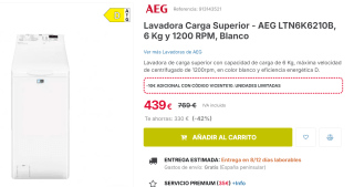 Lavadora Carga Superior - AEG LTN6K6210B, 6 Kg y 1200 RPM, Blanco por 429€