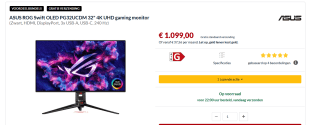 ASUS ROG Swift OLED PG32UCDM gaming monitor ― 32-inch (3840 x 2160) QD-OLED panel voor €1.099 bij Alternate