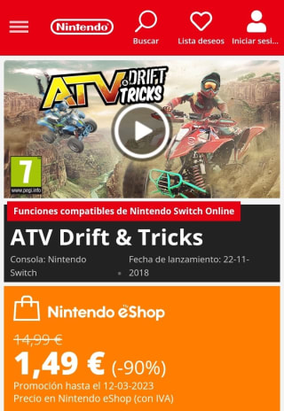 ATV Drift & Tricks Nintendo Switch por 1,49€.