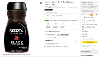 Nescafé Clásico Black Café Frasco 170g por $74 en Amazon