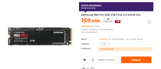 Disco duro Samsung 980 Pro SSD 2TB PCIe 4.0 por 159,99€