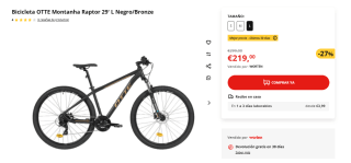 Bicicleta OTTE Montanha Raptor 29 L Negro/Bronze por 219€