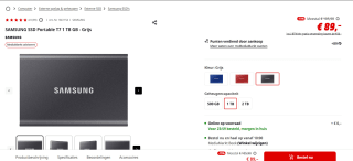 Samsung Portable SSD T7 1TB Grijs voor €99 bij de Mediamarkt