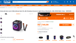 Caixa de Som da JBL, modelo Partybox com 2 Microfones - R$ 1.749,99
