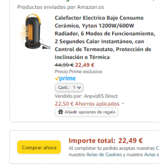 Calefactor Electrico Bajo Consumo Cerámico de 1200W/600W por 22,49€