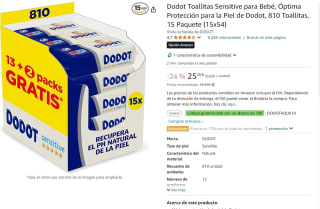 Dodot Toallitas Sensitive para Bebé, 810 Toallitas, 15 Paquete (15x54), por 15,38€