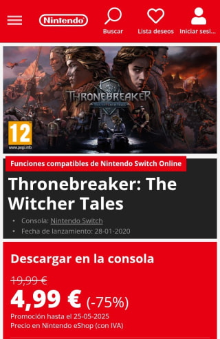 Thronebreaker : The Witcher Tales Nintendo Switch por 4,99€.