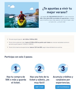 50€ en experiencias por cada 50€ de compra