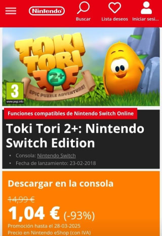 Toki Tori 2+ : Nintendo Switch Edition por 1,04€.