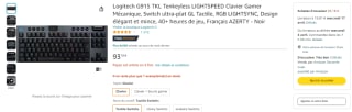 Clavier gaming Mécanique sans-fil Logitech G915 TKL Tenkeyless Lightspeed- Switch ultra-plat GL Tactile, RGB à 93,18€