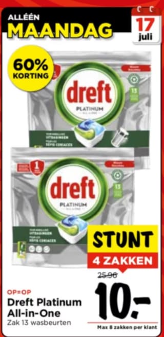 Dreft Platinum - All-In-One 4 zakken voor €10 bij Vomar