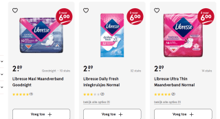 Alle Libresse maandverband of inlegkruisjes 3 voor €6 bij de Etos
