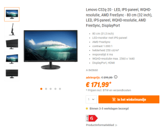 Lenovo C32q-20 monitor voor €171,99 bij NBB