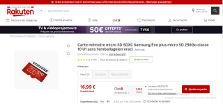 Carte mémoire microsd Samsung Evo plus - 256 Go à 16,99€