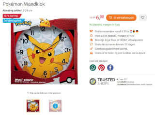 Pokémon Wandklok voor €6,50 bij Lobbes
