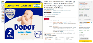 Dodot Pañales Bebé Sensitive Talla 2 (4-8 kg), 240 Pañales + 40 Toallitas Gratis por 48,99€