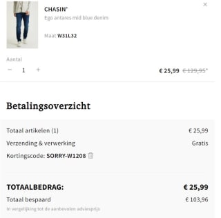 Chasin' Ego antares mid blue heren jeans voor €25,99 dmv code bij otrium