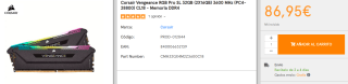Memoria DDR4 Corsair Vengeance RGB Pro SL 32GB (2X16GB) 3600 MHz (PC4-28800) CL18 por 86.95€