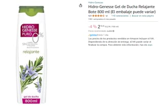 2 Botes de Hidro-Genesse Gel de Ducha Relajante Bote 800 ml por 3€