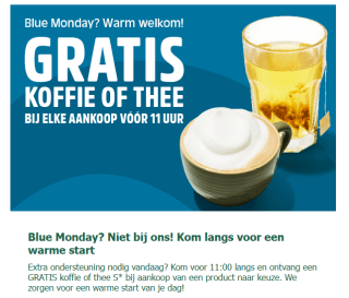 Gratis koffie of thee bij elke aankoop bij La Place vandaag voor 11 uur