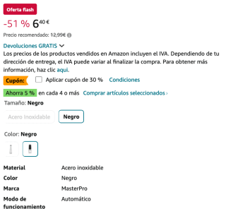 Molinillo de pimienta automático de Masterpro por solo 4,48€