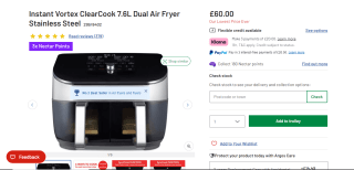 Instant Vortex ClearCook Dual Zone 7.6L Air Fryer – £60