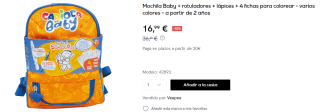 Mochila Carioca Baby + rotuladores + lápices + 4 fichas para colorear por 16.99€