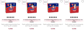 Segunda unidad 70% descuento pañales Dodot grandes ofertas